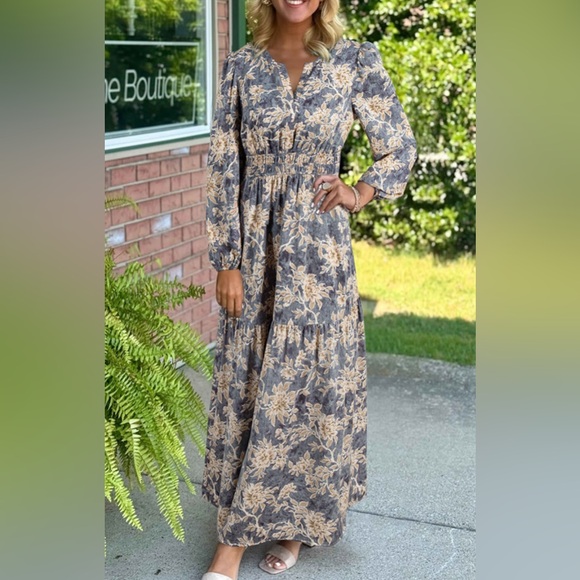 Willow & Wren Boutique Dresses & Skirts - Floral Smocked Waist Long Sleeve Maxi Dress | Somerset-Style Fit | Blue & Cream